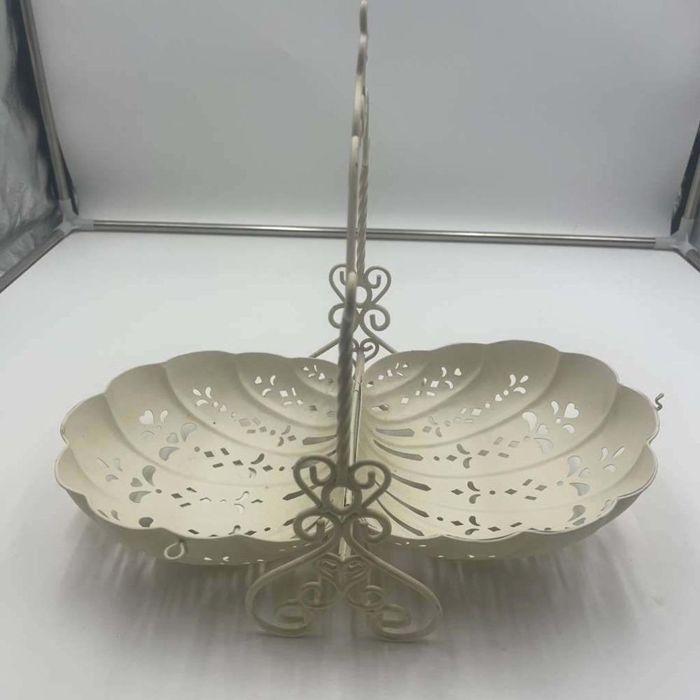 Cream Metal Clamshell Folding Basket Filigree Scrollwork Victorian Shabby Chic
